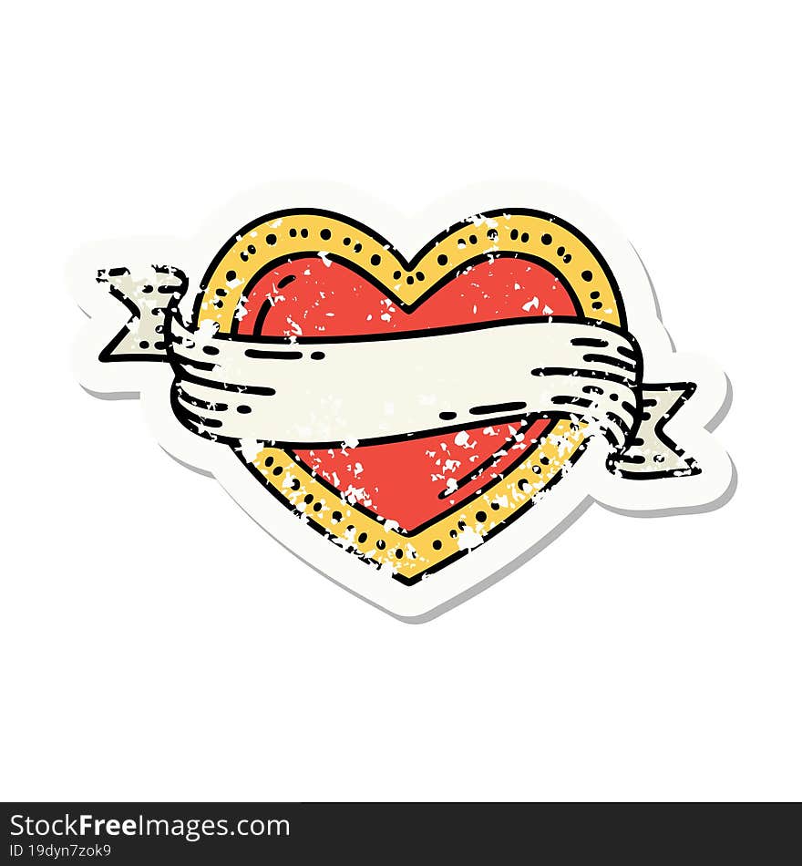 distressed sticker tattoo in traditional style of a heart and banner. distressed sticker tattoo in traditional style of a heart and banner