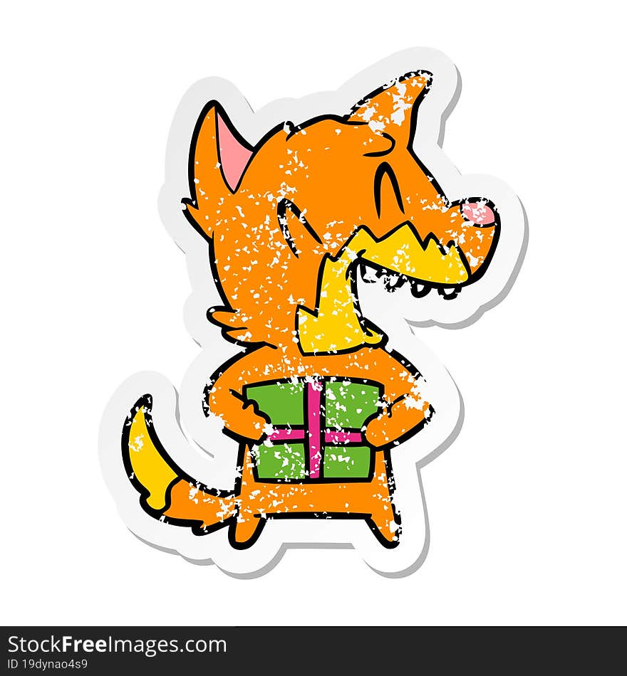 Distressed Sticker Of A Laughing Christmas Fox Cartoon