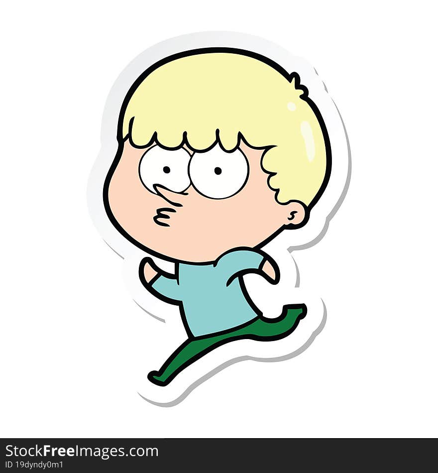 sticker of a cartoon curious boy running