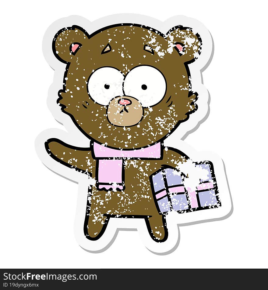 Distressed Sticker Of A Nervous Christmas Bear Cartoon