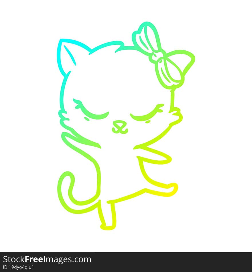 cold gradient line drawing of a cute cartoon cat with bow