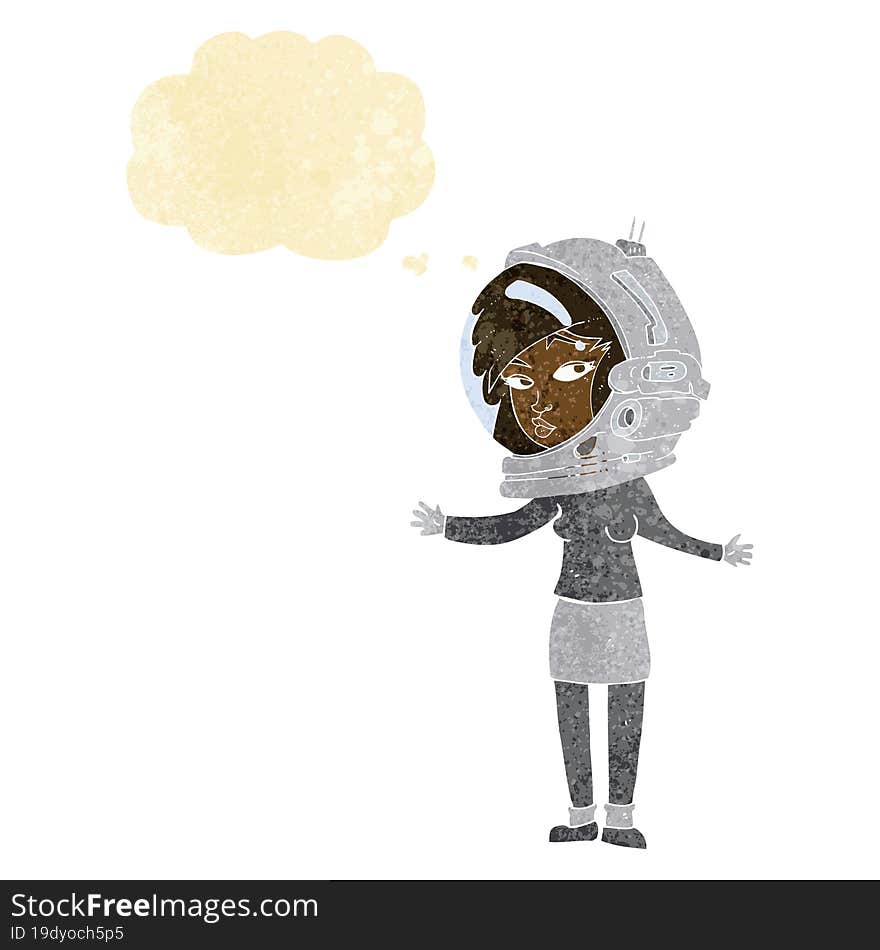 cartoon woman wearing astronaut helmet with thought bubble