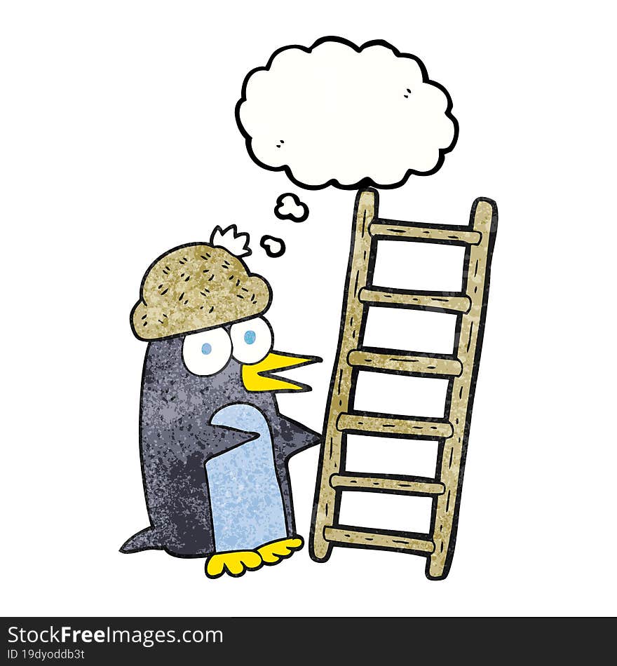 thought bubble textured cartoon penguin with ladder