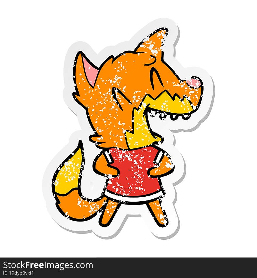 distressed sticker of a laughing fox cartoon