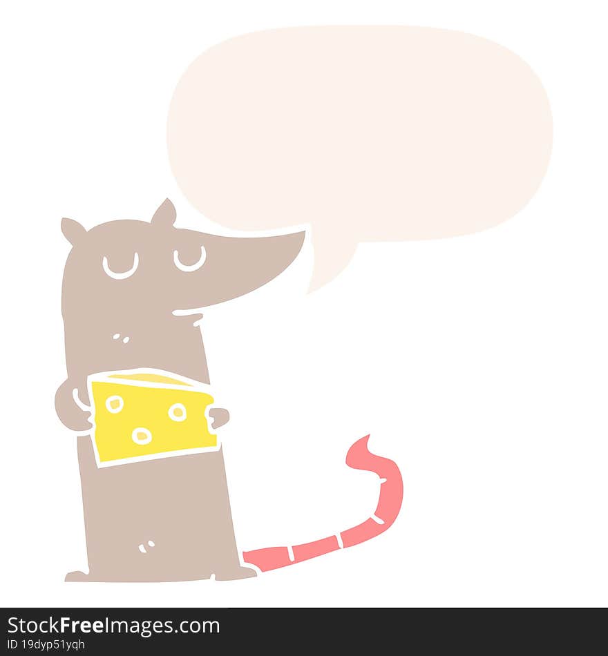 cartoon mouse and cheese and speech bubble in retro style