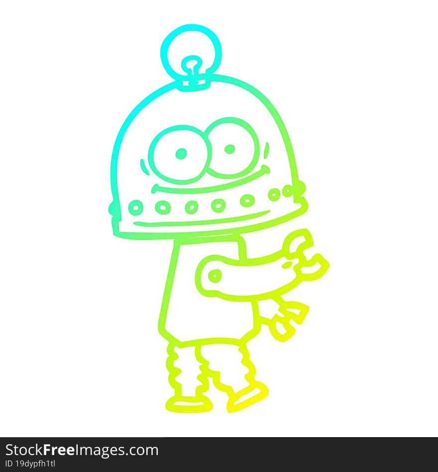 cold gradient line drawing of a happy carton robot with light bulb