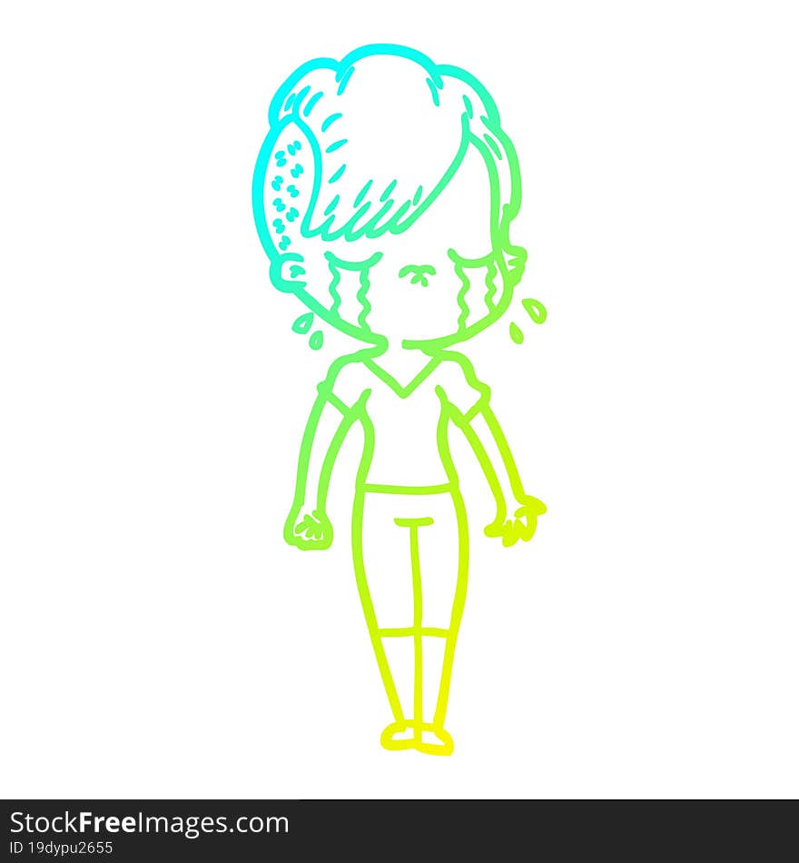 cold gradient line drawing of a cartoon crying girl