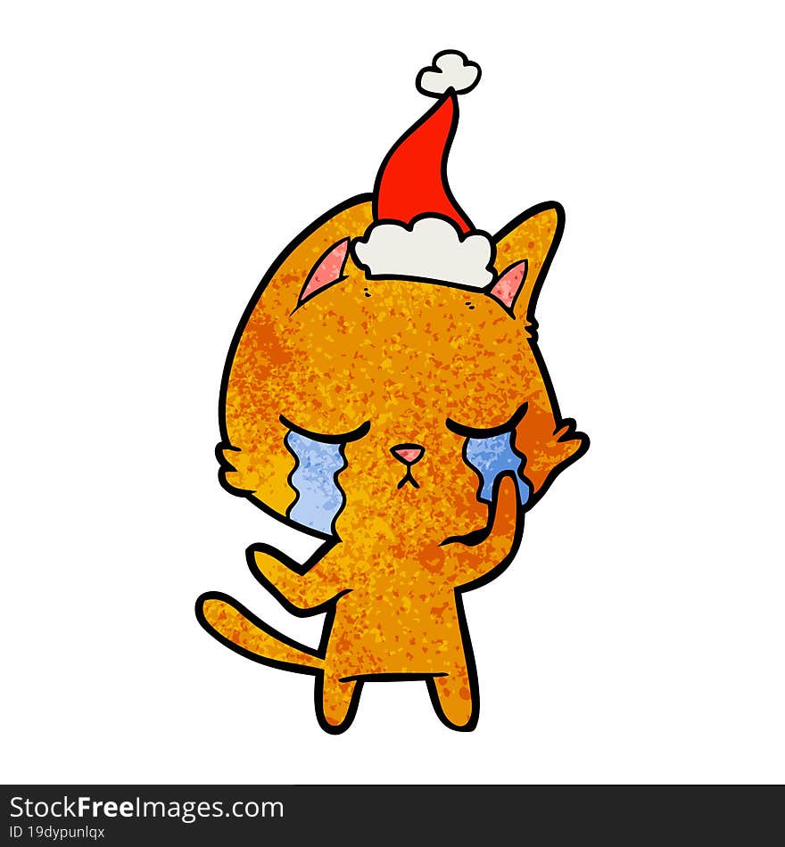 Crying Textured Cartoon Of A Cat Wearing Santa Hat