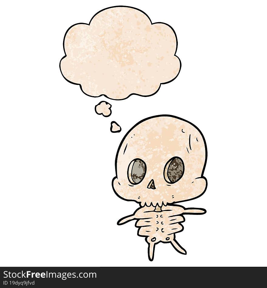 Cartoon Skeleton And Thought Bubble In Grunge Texture Pattern Style