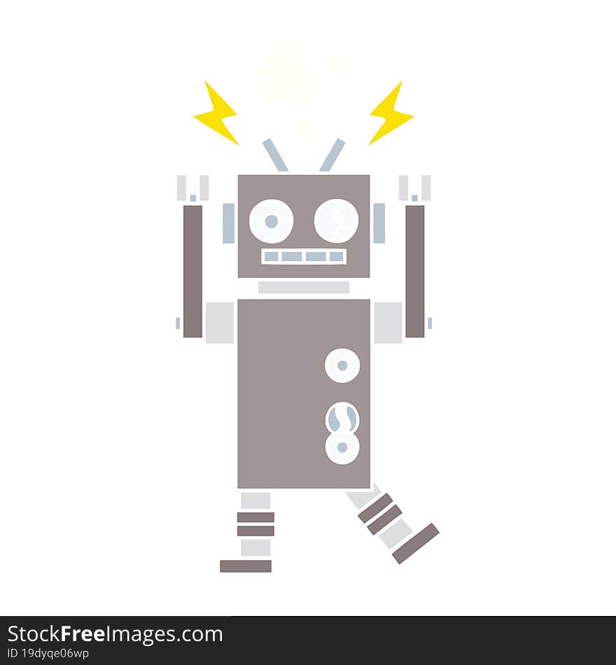 Flat Color Retro Cartoon Malfunctioning Robot