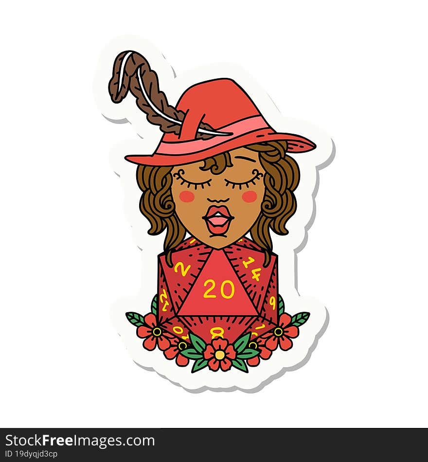 sticker of a human bard with natural 20 dice roll. sticker of a human bard with natural 20 dice roll