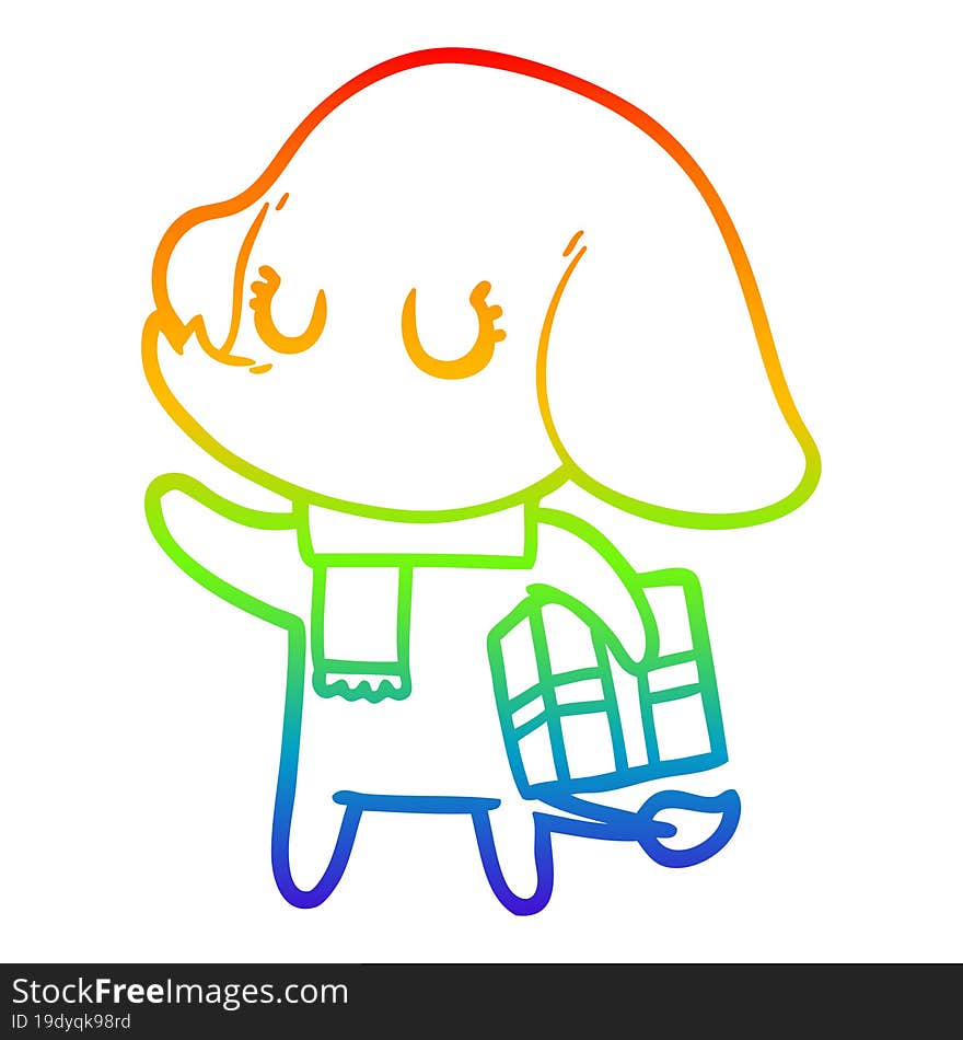 Rainbow Gradient Line Drawing Cute Cartoon Elephant With Gift