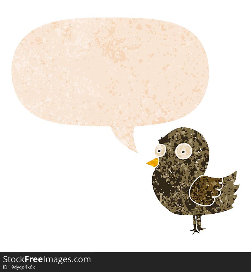 cartoon bird and speech bubble in retro textured style