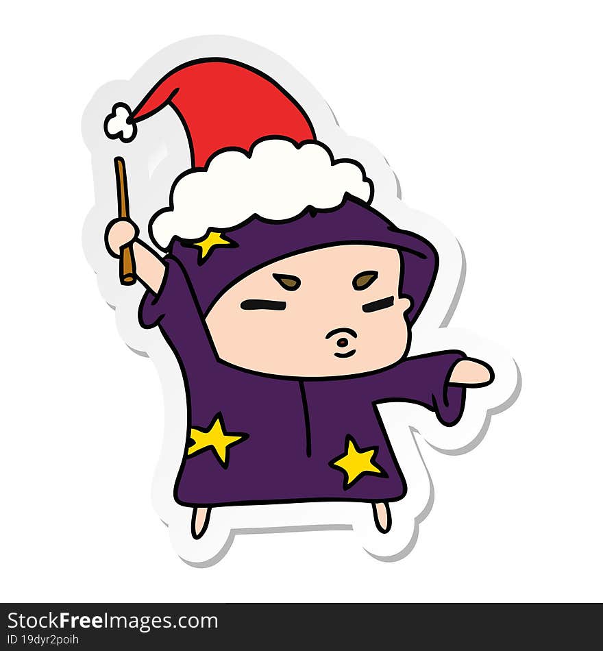 hand drawn christmas sticker cartoon of kawaii wizard