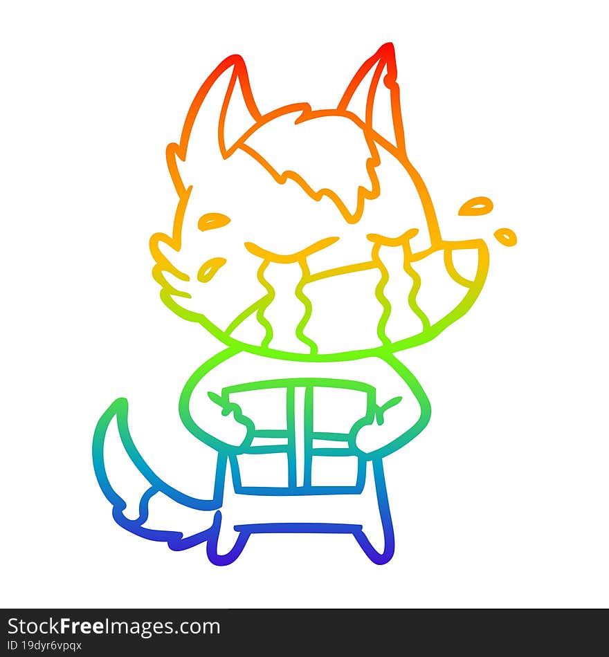 Rainbow Gradient Line Drawing Cartoon Crying Wolf With Christmas Present