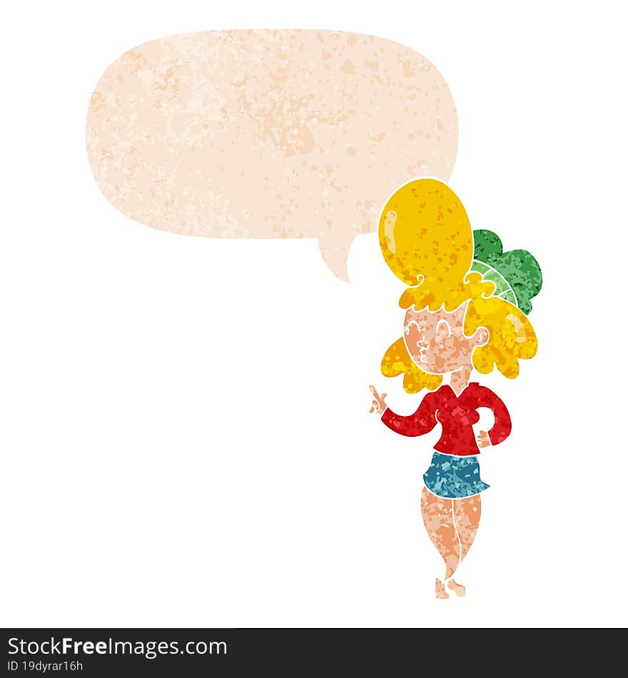 cartoon woman with big hair with speech bubble in grunge distressed retro textured style. cartoon woman with big hair with speech bubble in grunge distressed retro textured style