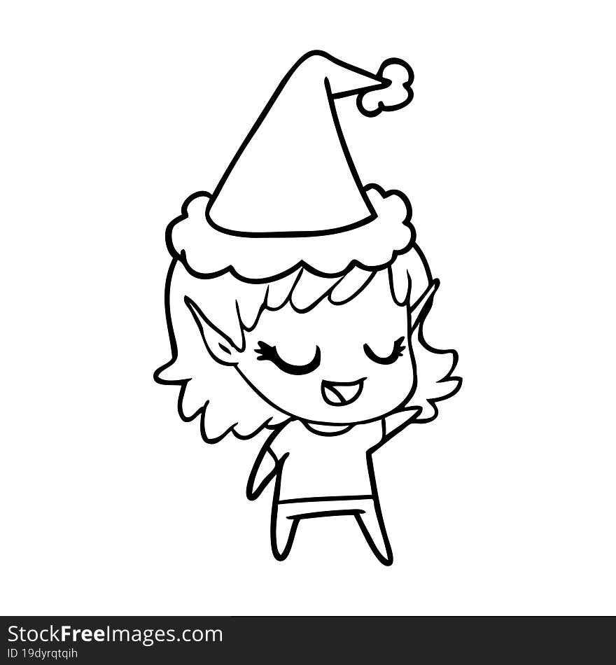 Happy Line Drawing Of A Elf Girl Wearing Santa Hat