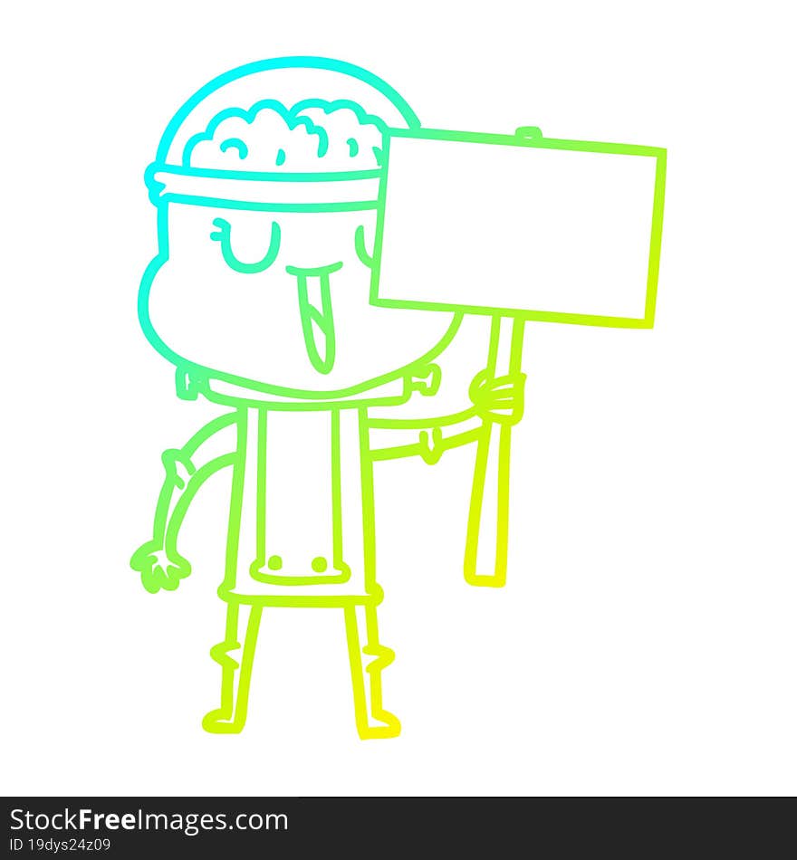 Cold Gradient Line Drawing Happy Cartoon Robot With Sign