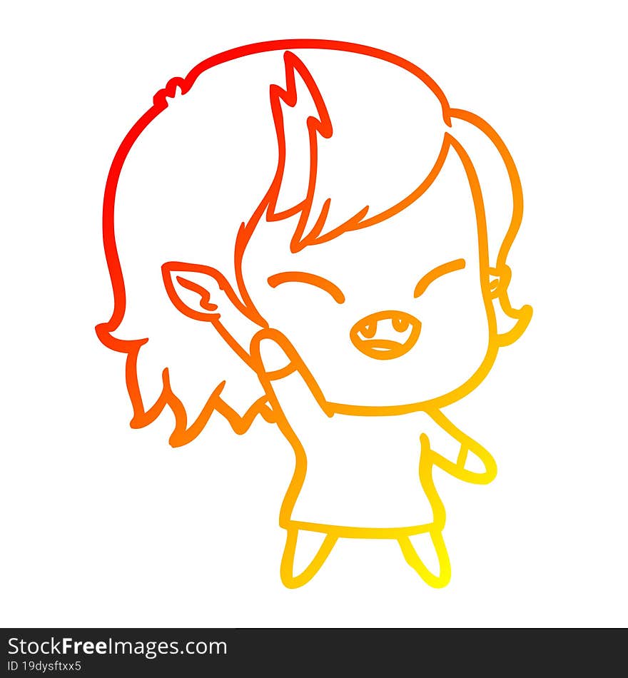 warm gradient line drawing of a cartoon laughing vampire girl waving