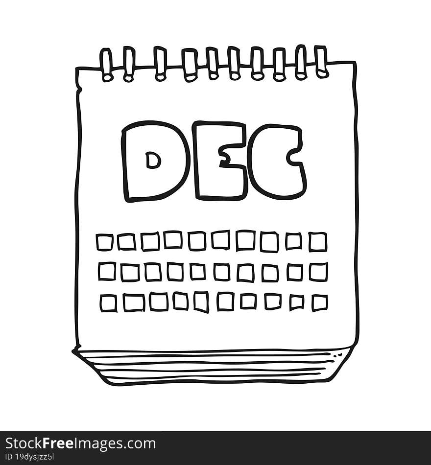 black and white cartoon calendar showing month of december