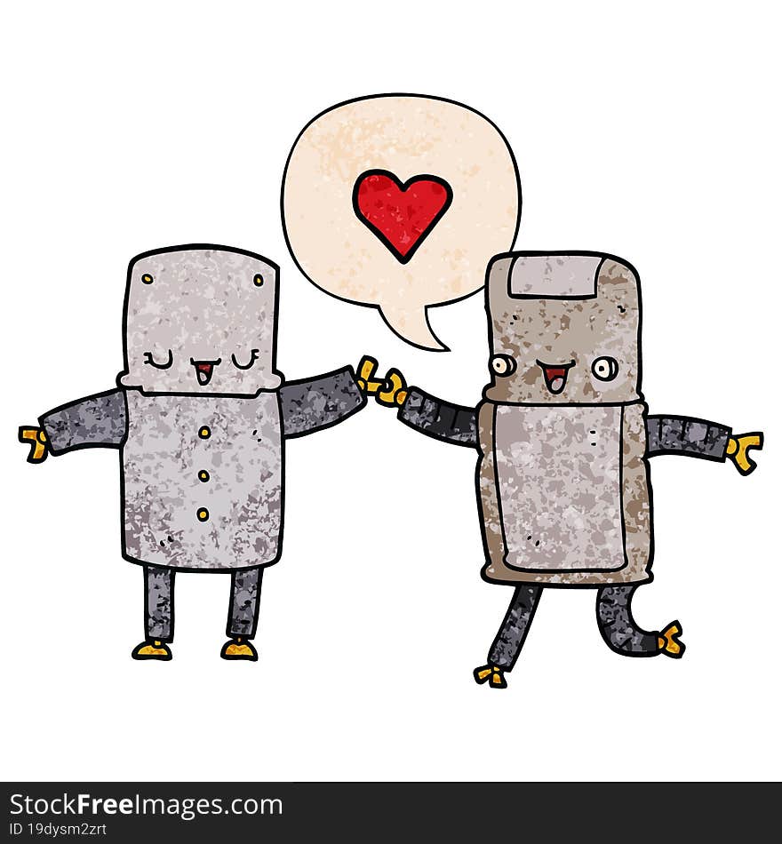 cartoon robots in love and speech bubble in retro texture style