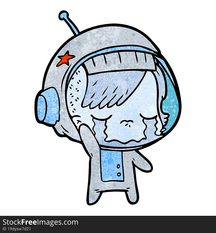 cartoon crying astronaut girl waving goodbye. cartoon crying astronaut girl waving goodbye