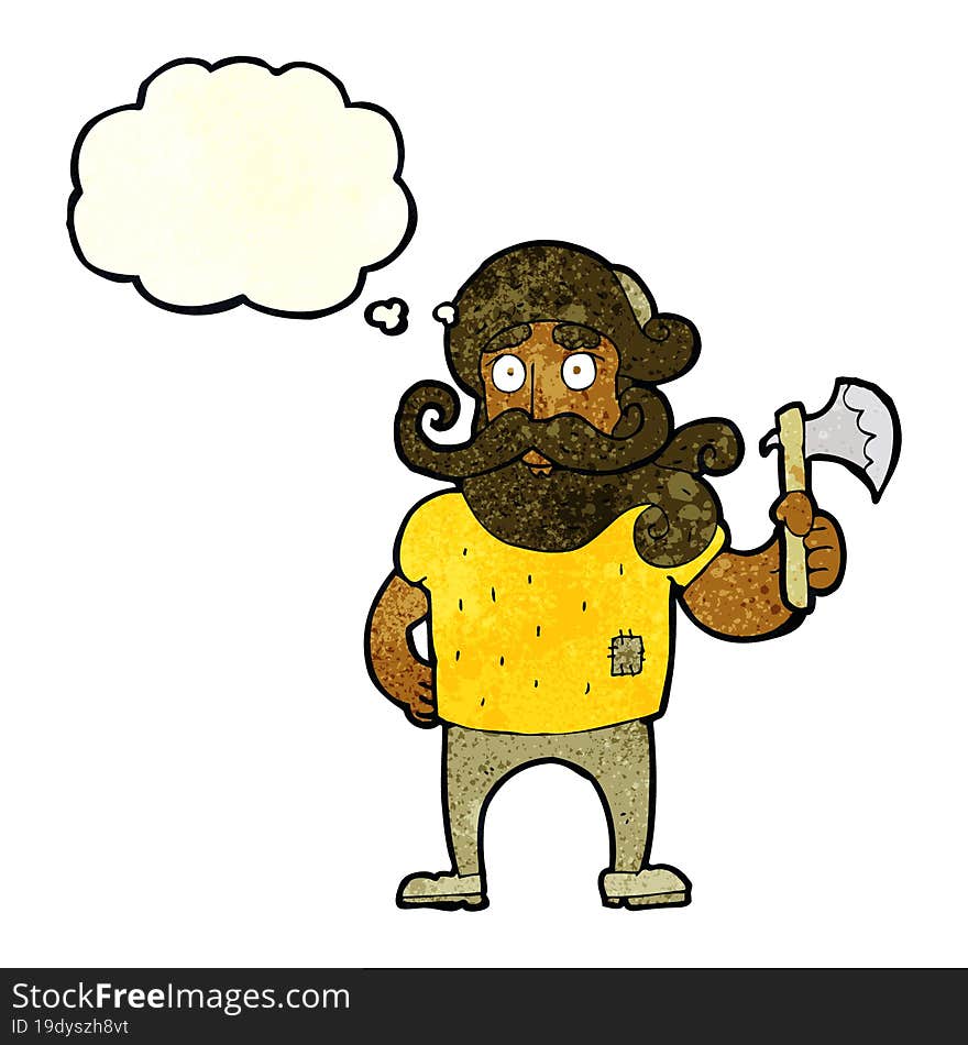 cartoon lumberjack with axe with thought bubble