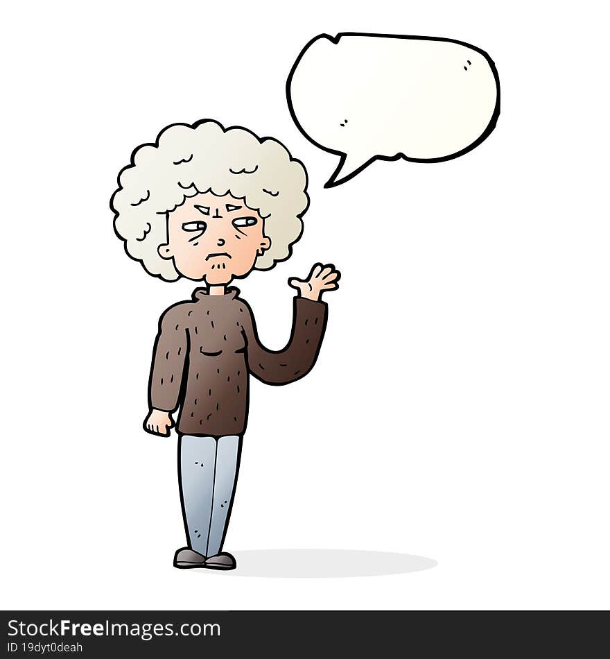 Cartoon Annoyed Old Woman Waving With Speech Bubble