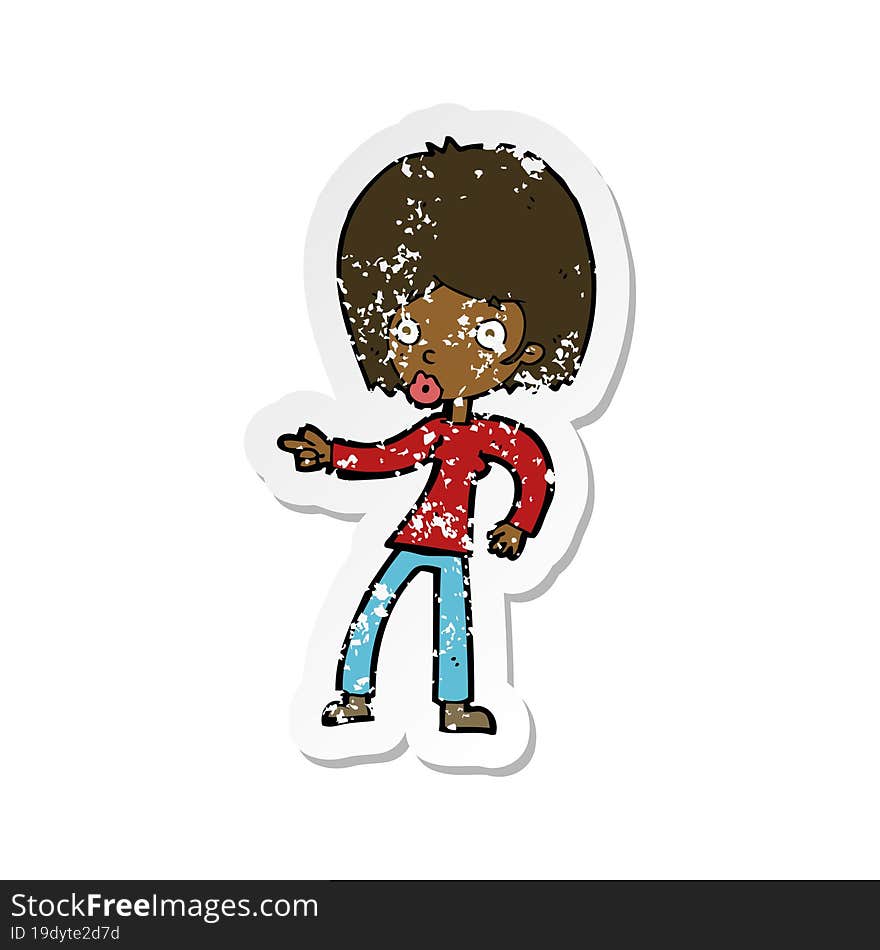 retro distressed sticker of a cartoon woman pointing