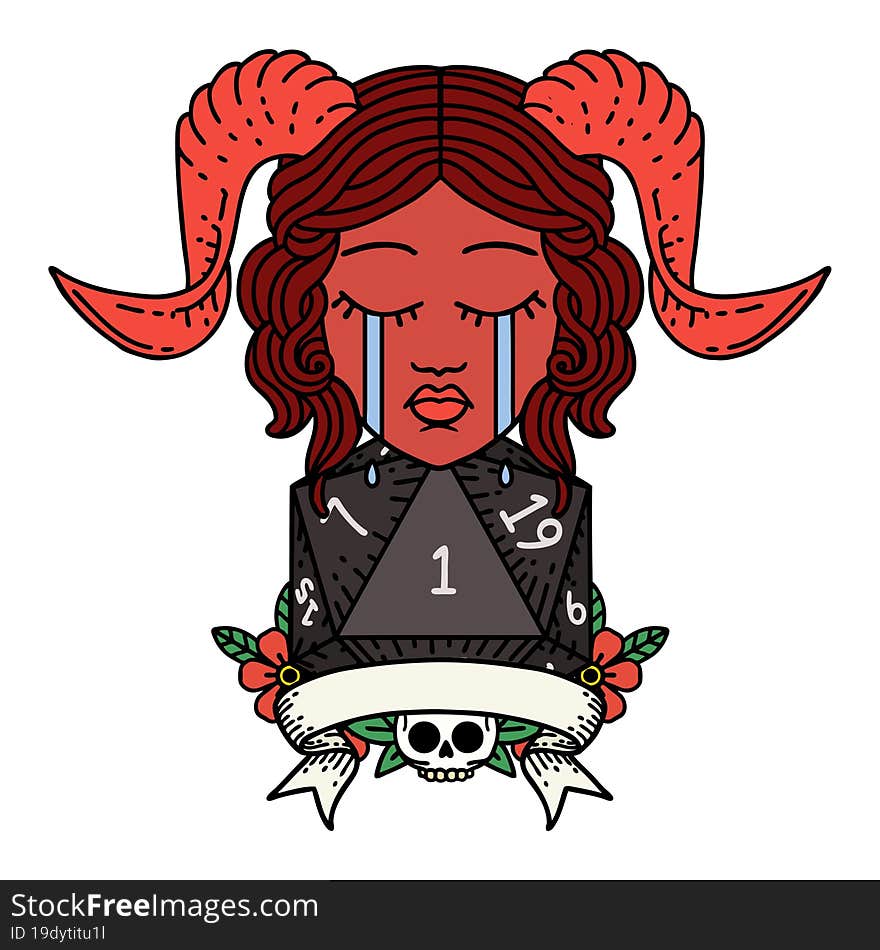 Retro Tattoo Style crying tiefling face with natural one d20. Retro Tattoo Style crying tiefling face with natural one d20