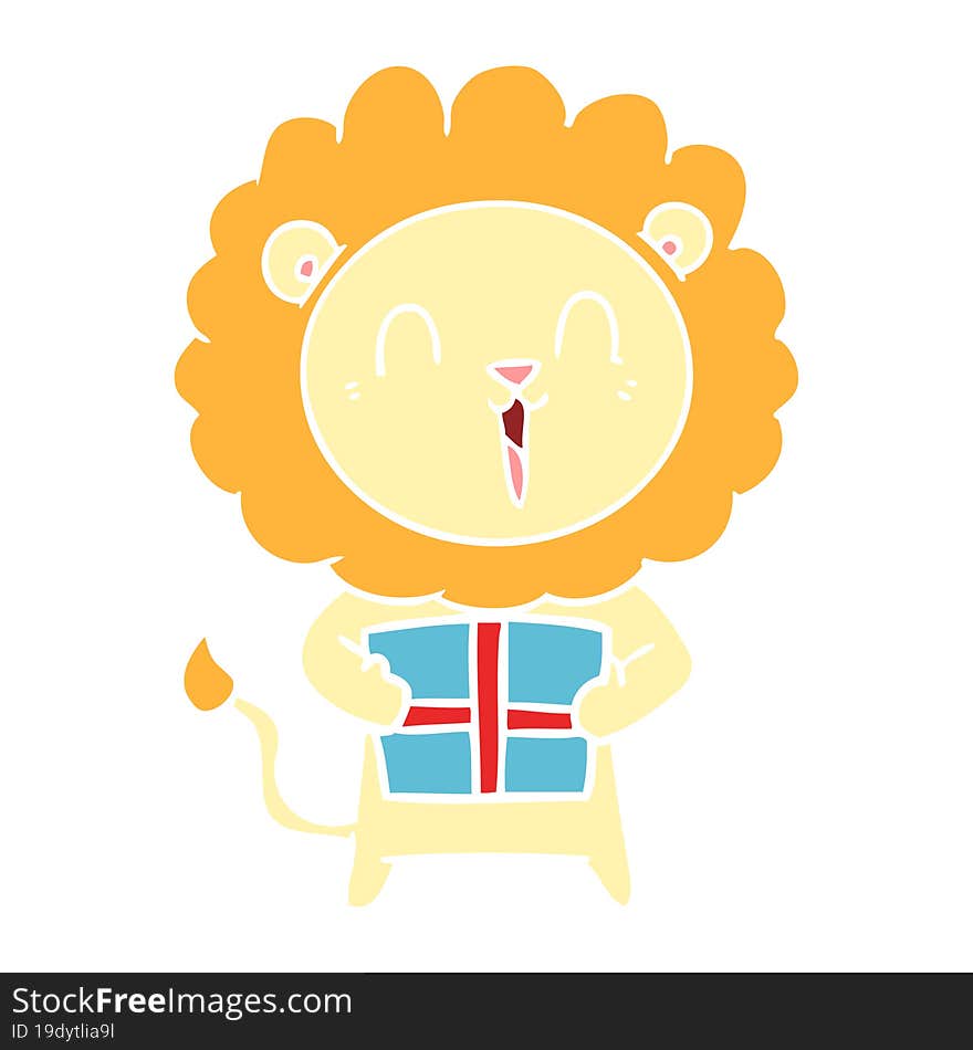 Laughing Lion Flat Color Style Cartoon With Christmas Present