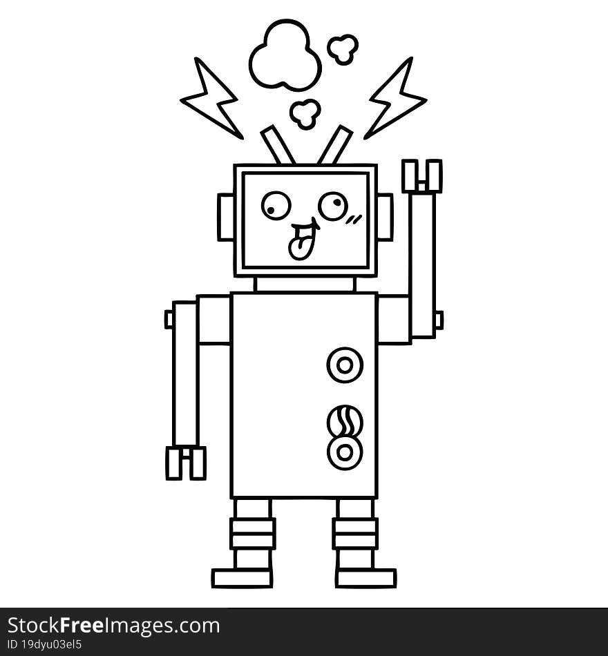 line drawing cartoon of a crazy broken robot