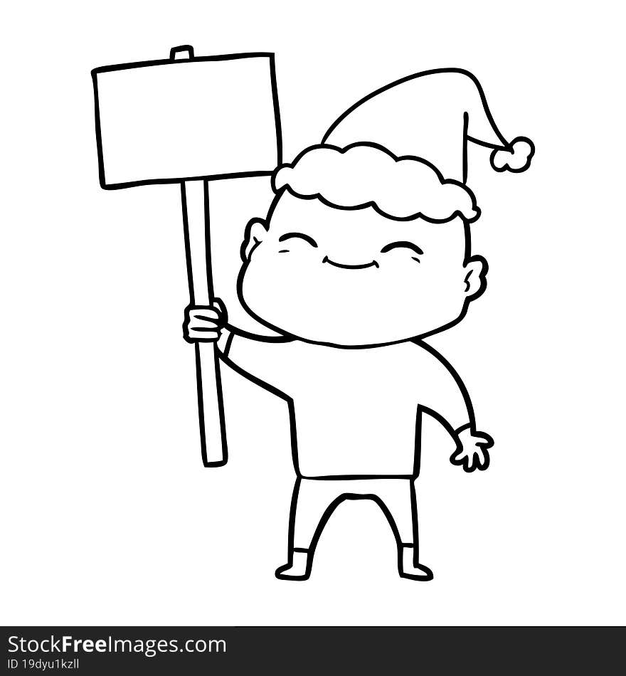 happy line drawing of a bald man wearing santa hat