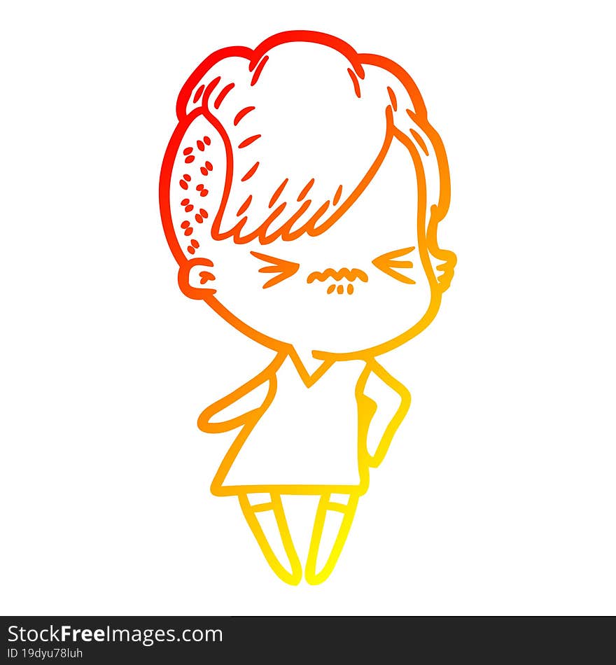 warm gradient line drawing of a cartoon annoyed hipster girl