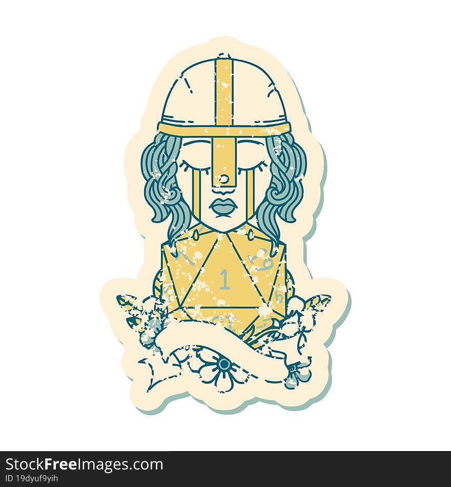 crying human fighter with natural one D20 roll illustration