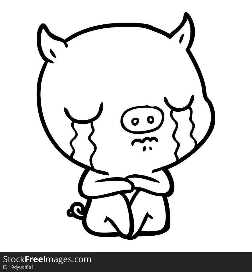 cartoon sitting pig crying. cartoon sitting pig crying