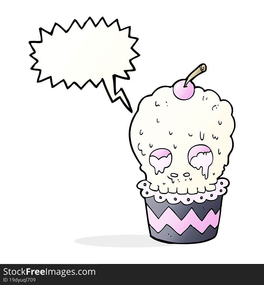 spooky skull cupcake cartoon with speech bubble