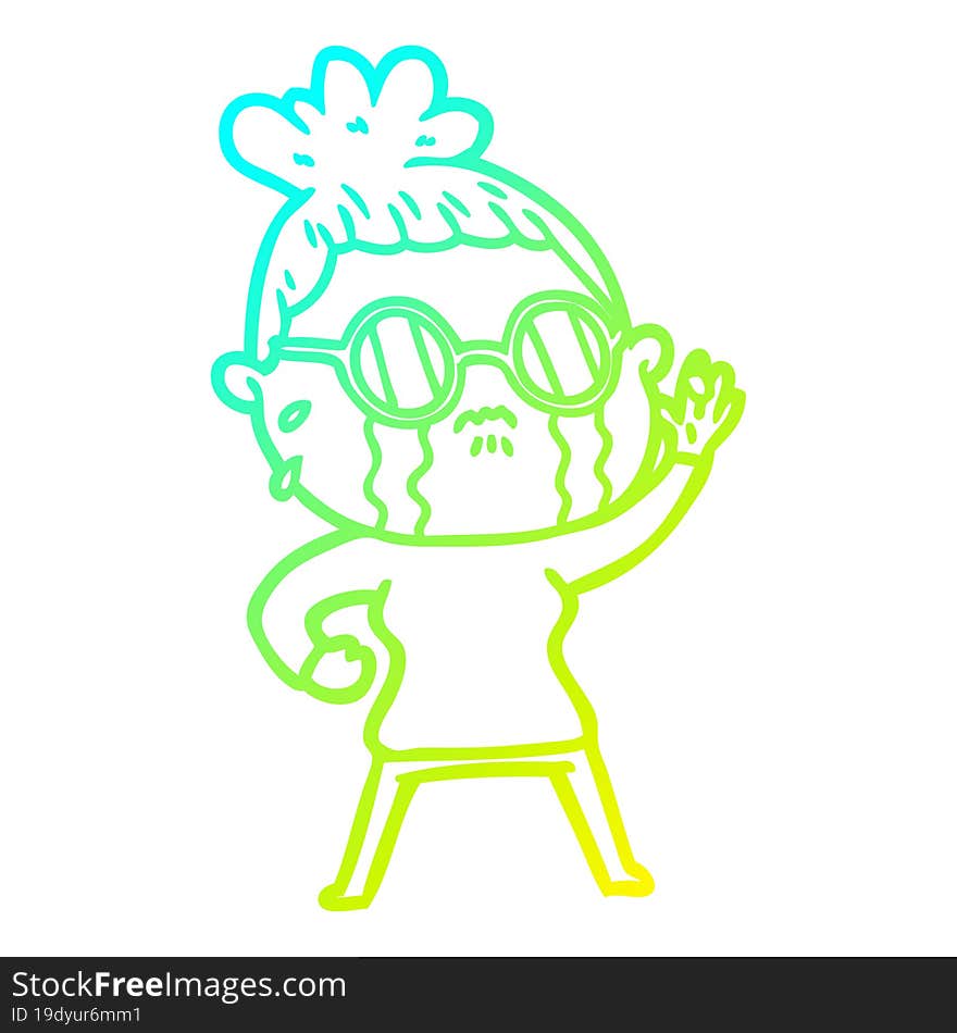 cold gradient line drawing cartoon crying woman wearing spectacles