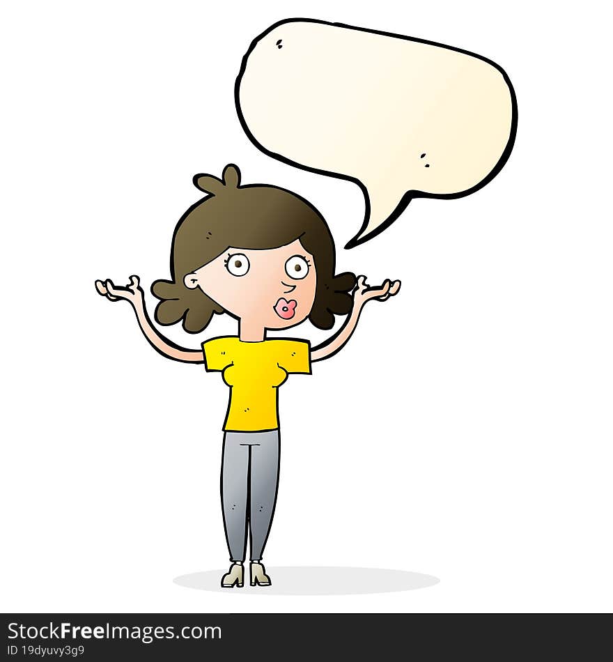 cartoon woman throwing arms in air with speech bubble