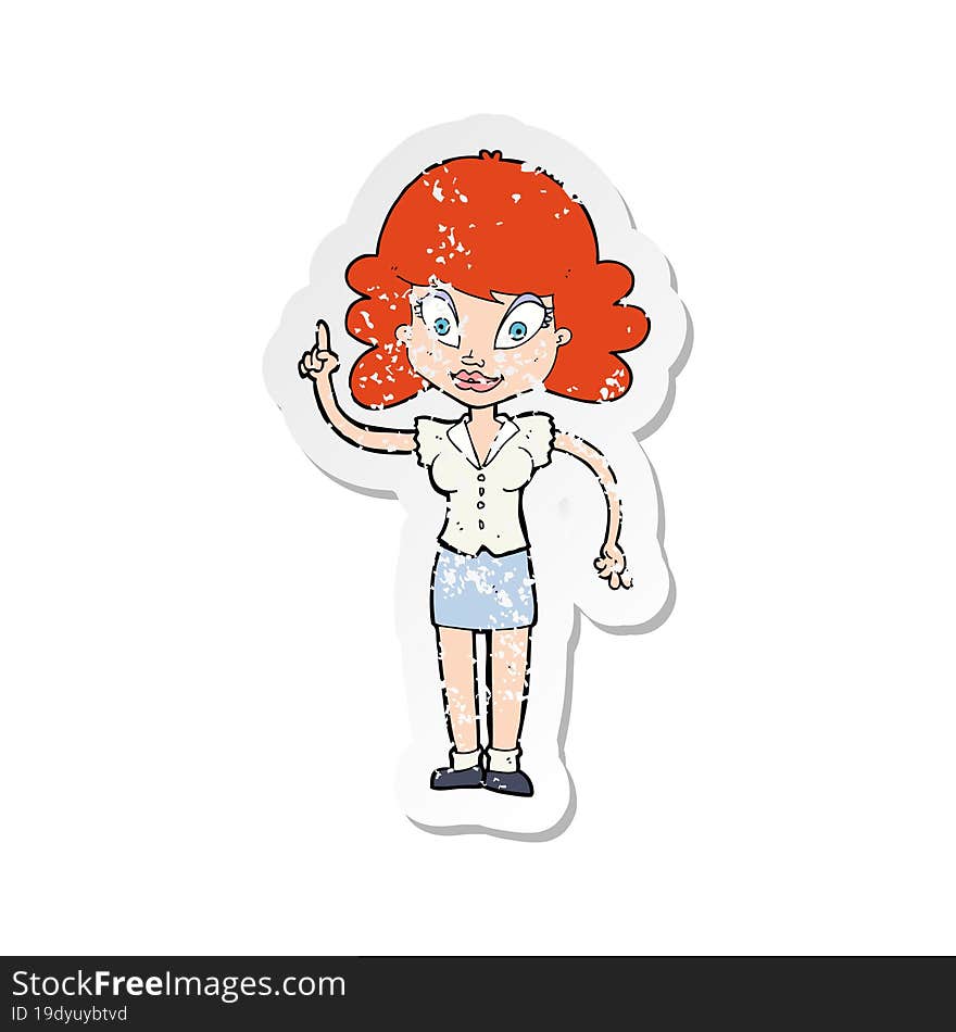 Retro Distressed Sticker Of A Cartoon Happy Woman With Idea