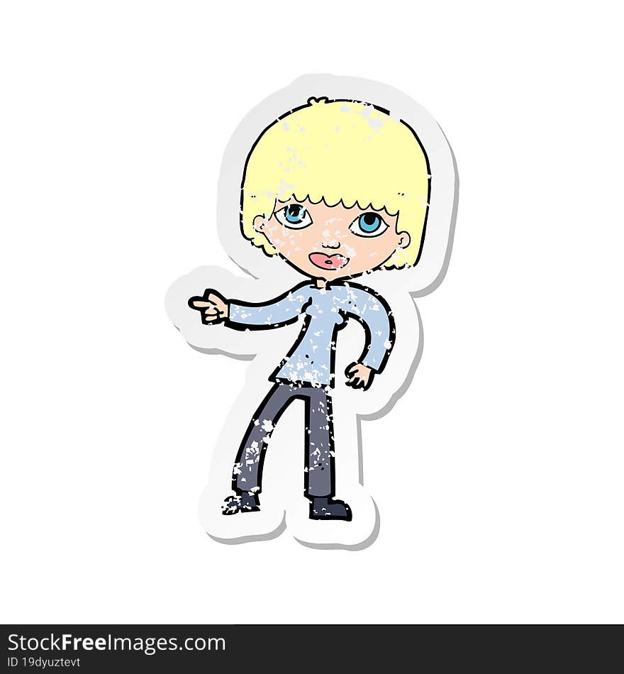 retro distressed sticker of a cartoon woman pointing