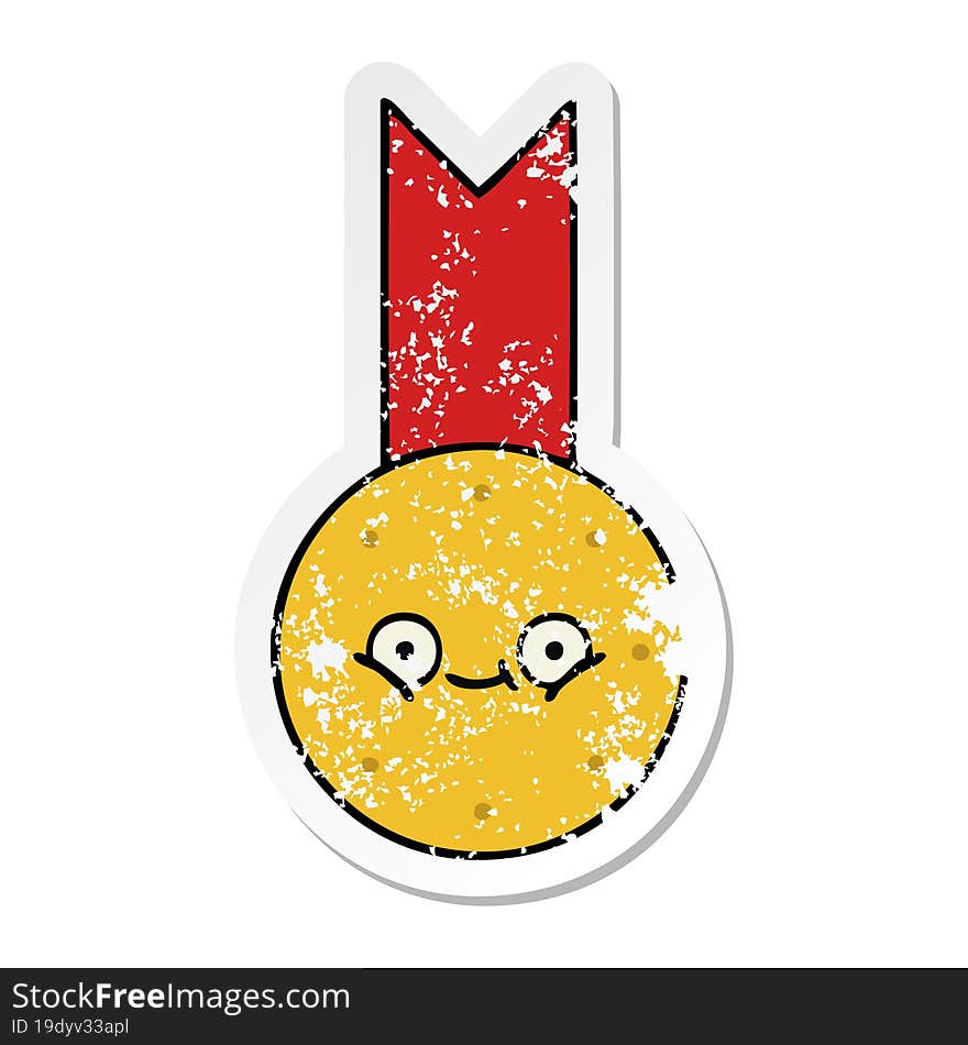 distressed sticker of a cute cartoon gold medal