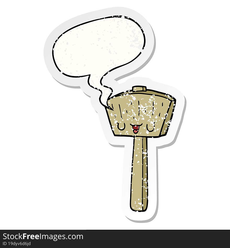 cartoon mallet and speech bubble distressed sticker