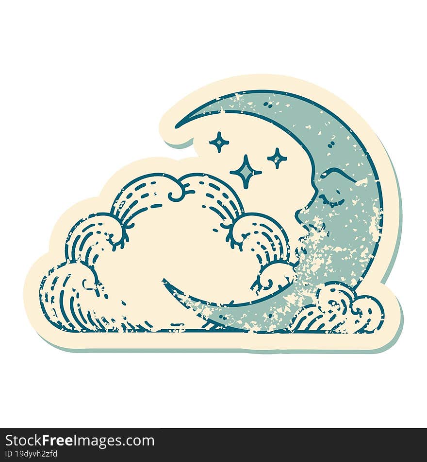 distressed sticker tattoo style icon of a crescent moon and clouds