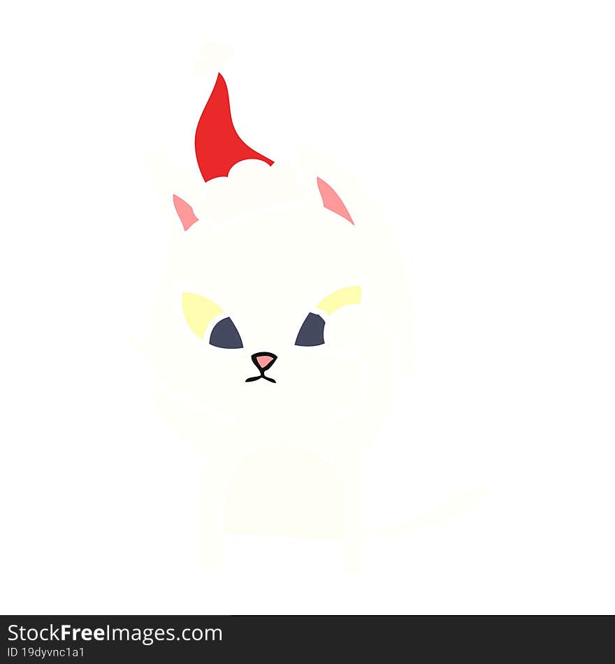 confused flat color illustration of a cat wearing santa hat