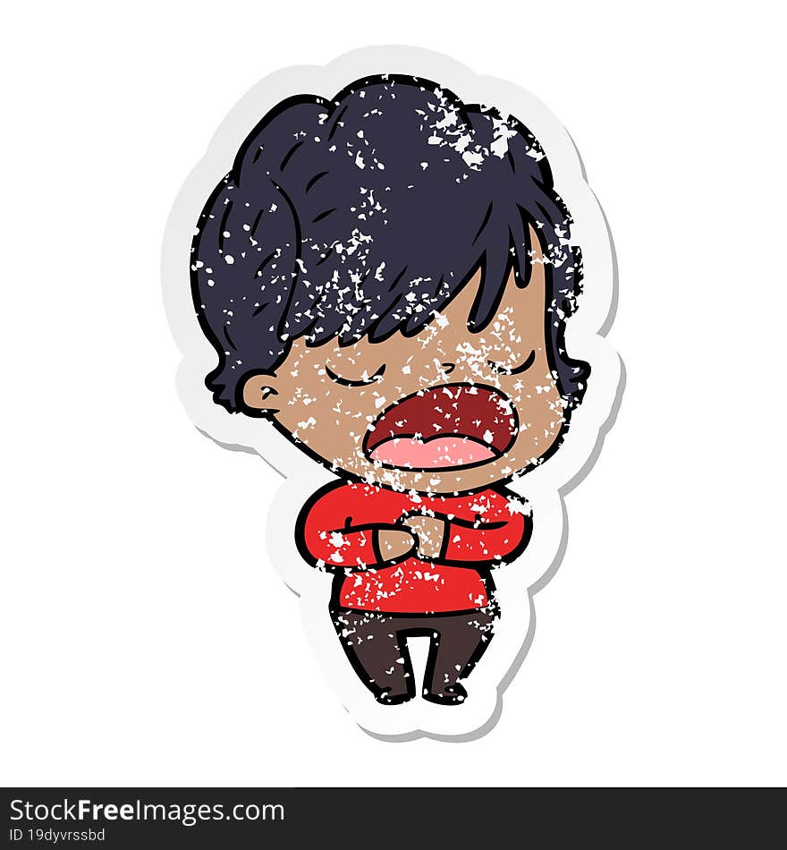 distressed sticker of a cartoon woman talking