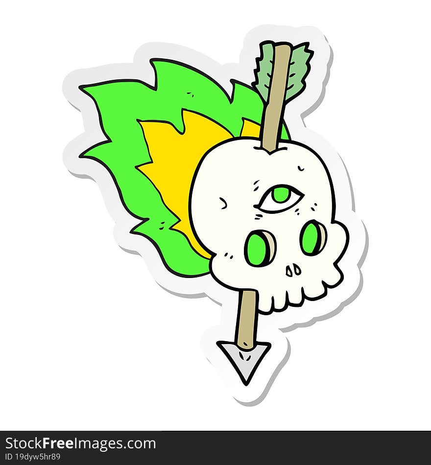 Sticker Of A Cartoon Magic Skull With Arrow Through Brain