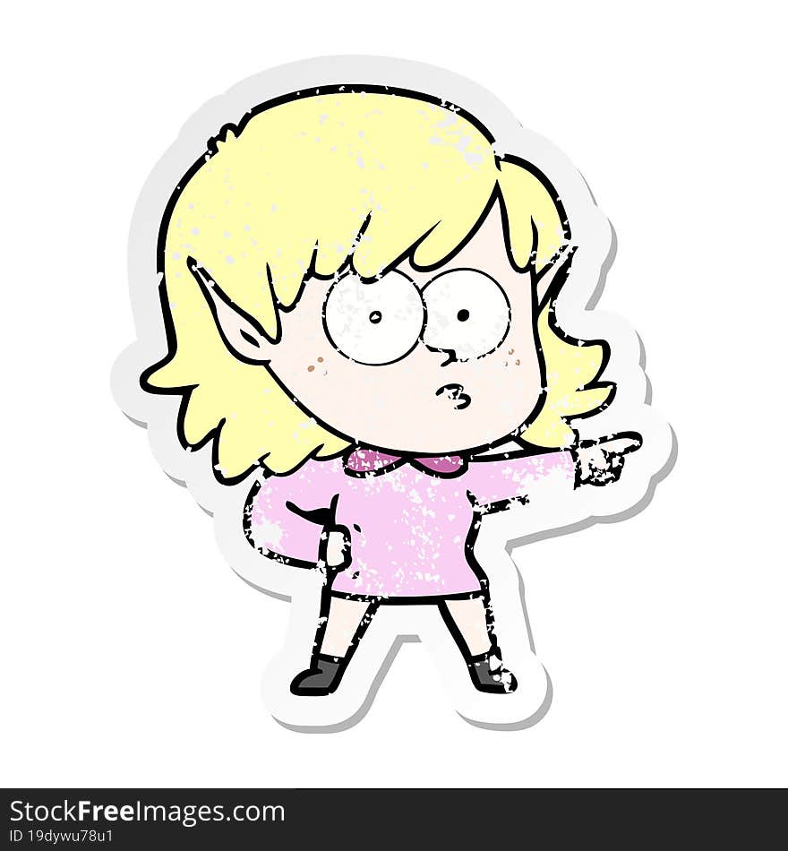 Distressed Sticker Of A Cartoon Elf Girl Staring And Pointing