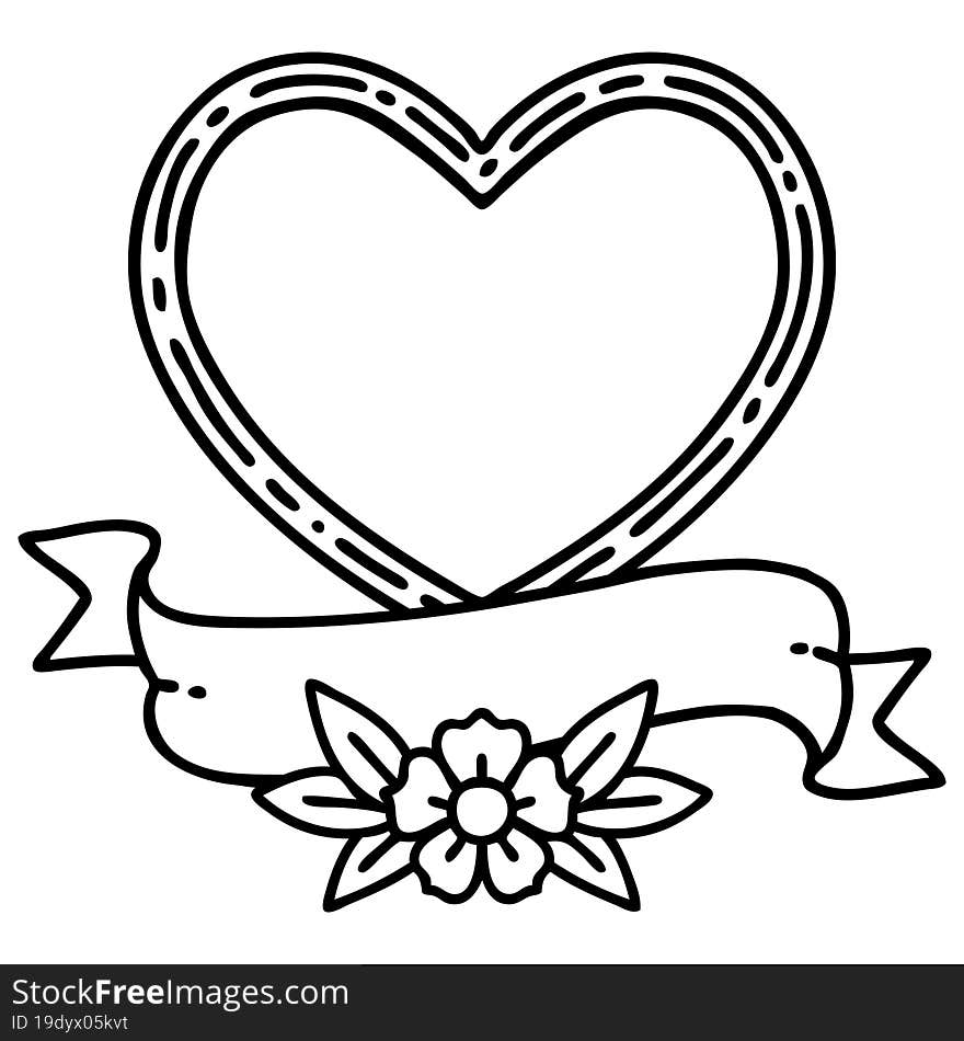 tattoo in black line style of a heart and banner. tattoo in black line style of a heart and banner