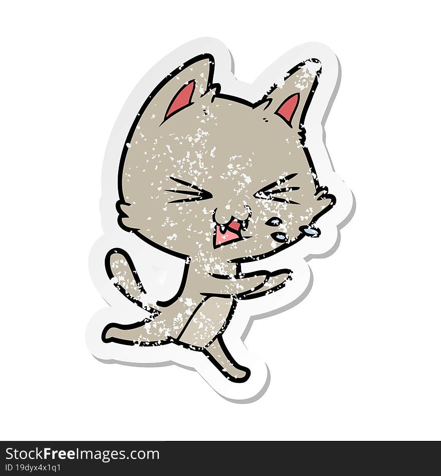 Distressed Sticker Of A Cartoon Cat Hissing